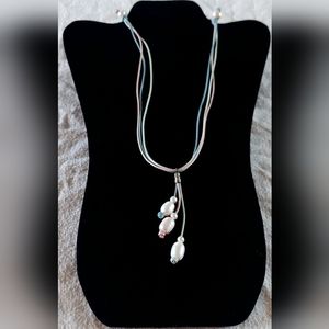 Handmade White Pearl & Lt. Blue, Lt. Green & Pink Leather Unicorn Necklace